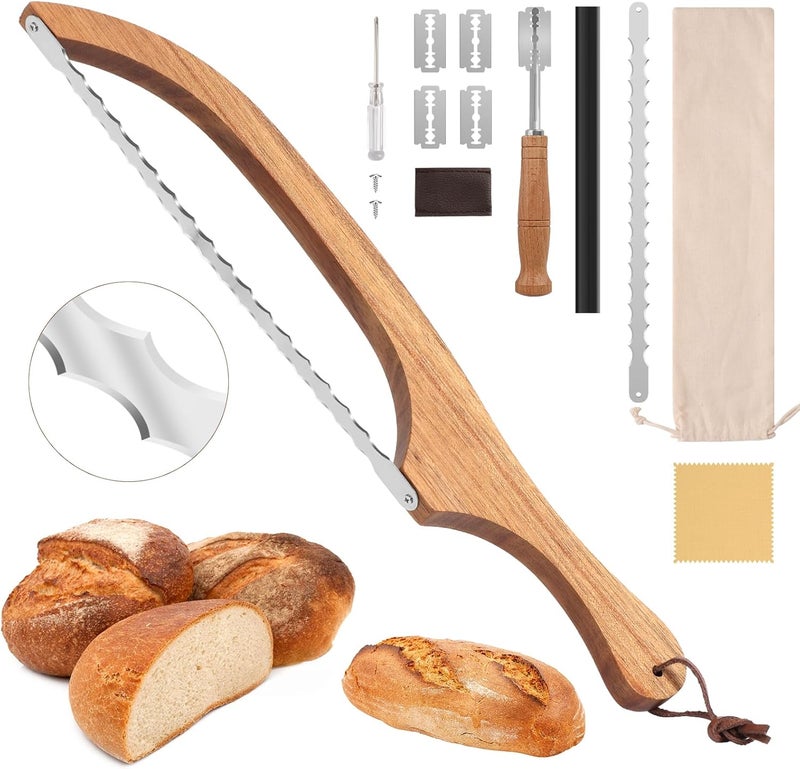 Mooues Sourdough Bread Knife, 15.7" Acacia Wood Double Serrated Bread Slicer, Ergonomic Handler, Premium Stainless Steel Bread Bow Knife for Homemade Bread, Bagels, and Baguettes - Image 1